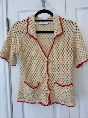 Anthropologie Greylin Ivory Crochet Cardigan Sweater Red Trim Open Knit XS